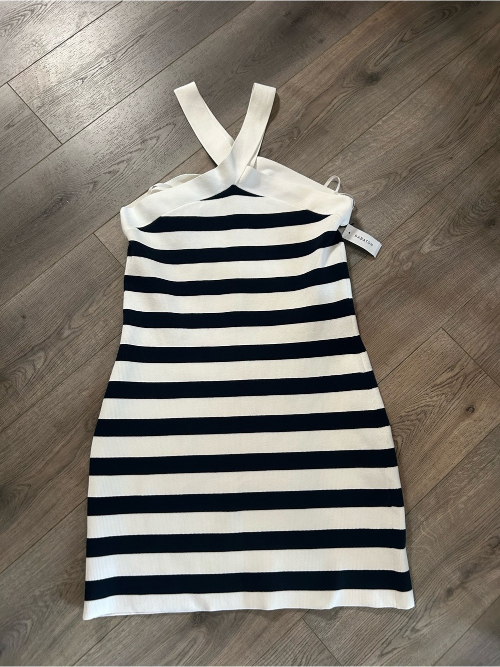 Babaton Sculpt Knit Cross Total Eclipse Halter Navy & White Stripe Dress
